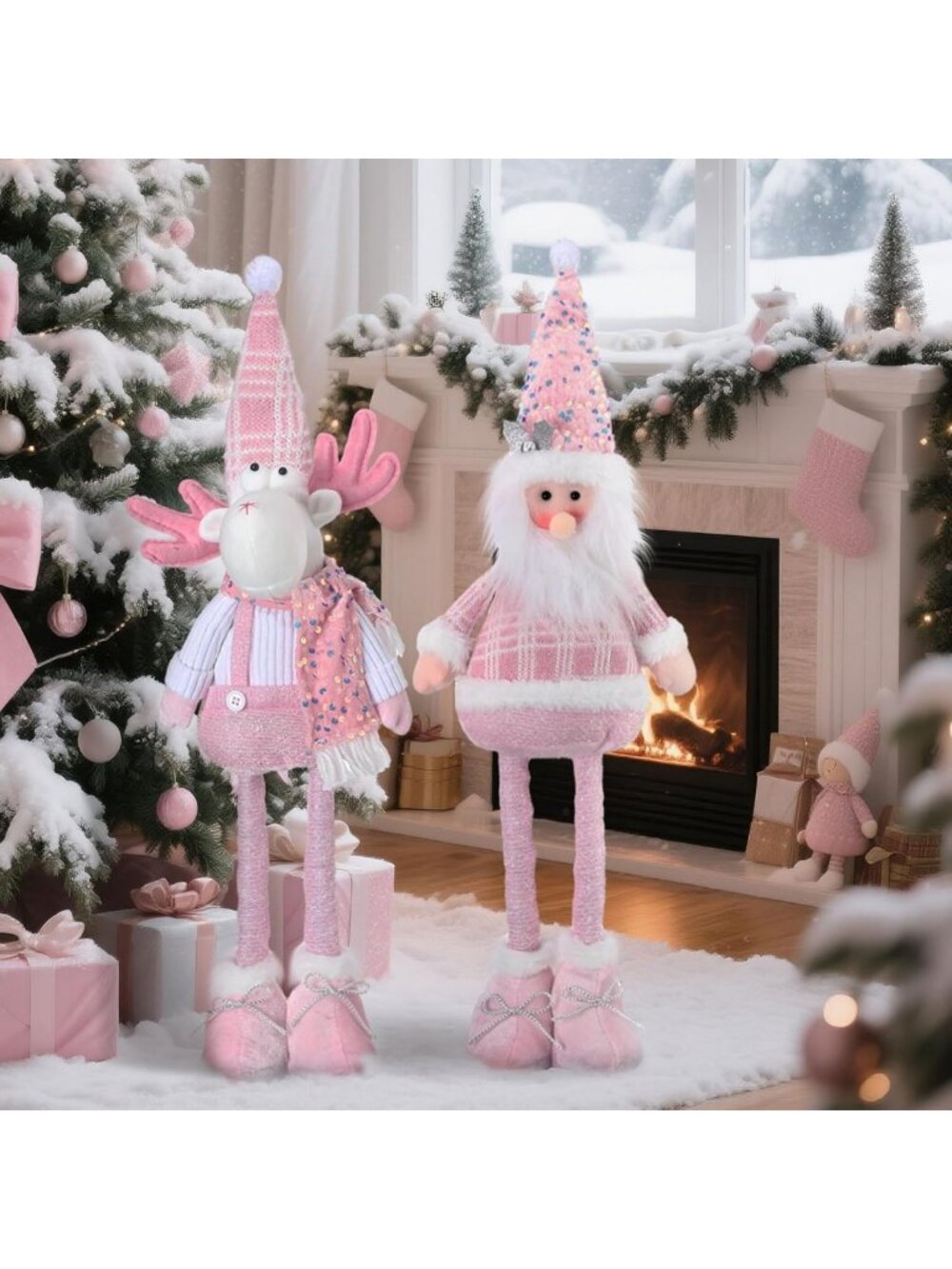 Adorable 2 Pcs Pink & White Plush Reindeer Santa Dolls | Holiday Decor & Gifts